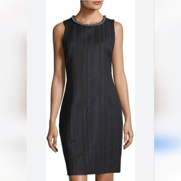 Karl Lagerfeld Black Sheath Dress- Classic Chain/Pearl Neck Size 10 - Picture 1 of 7